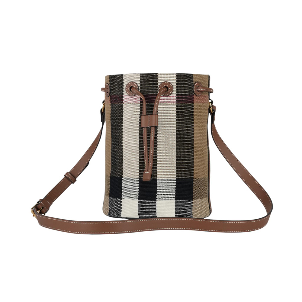 【BURBERRY】格紋棉質帆布及牛皮小款束口水桶包(灰褐色/棕色) 80840451