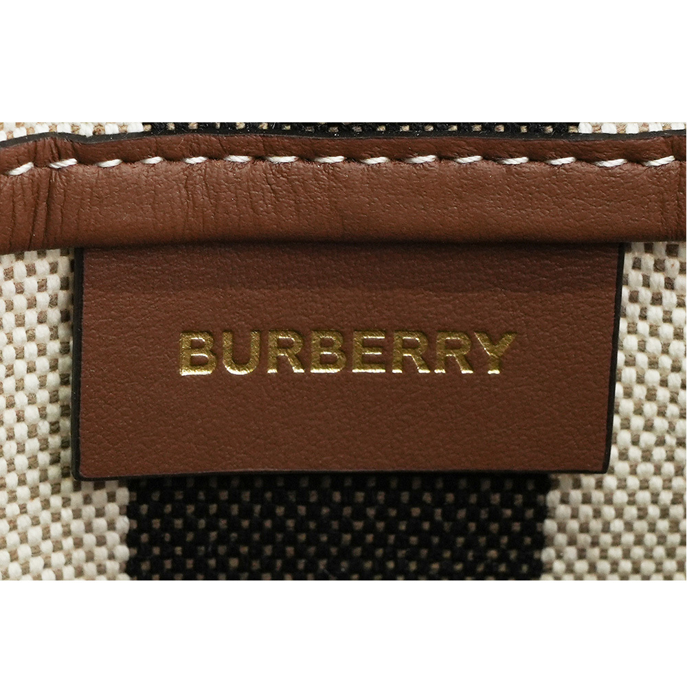 【BURBERRY】格紋棉質帆布及牛皮小款束口水桶包(灰褐色/棕色) 80840451