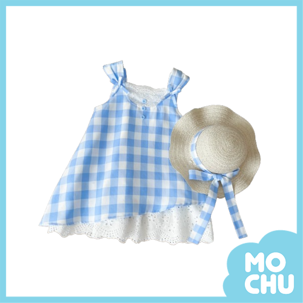 蕾絲藍格假兩件連身裙-送帽子