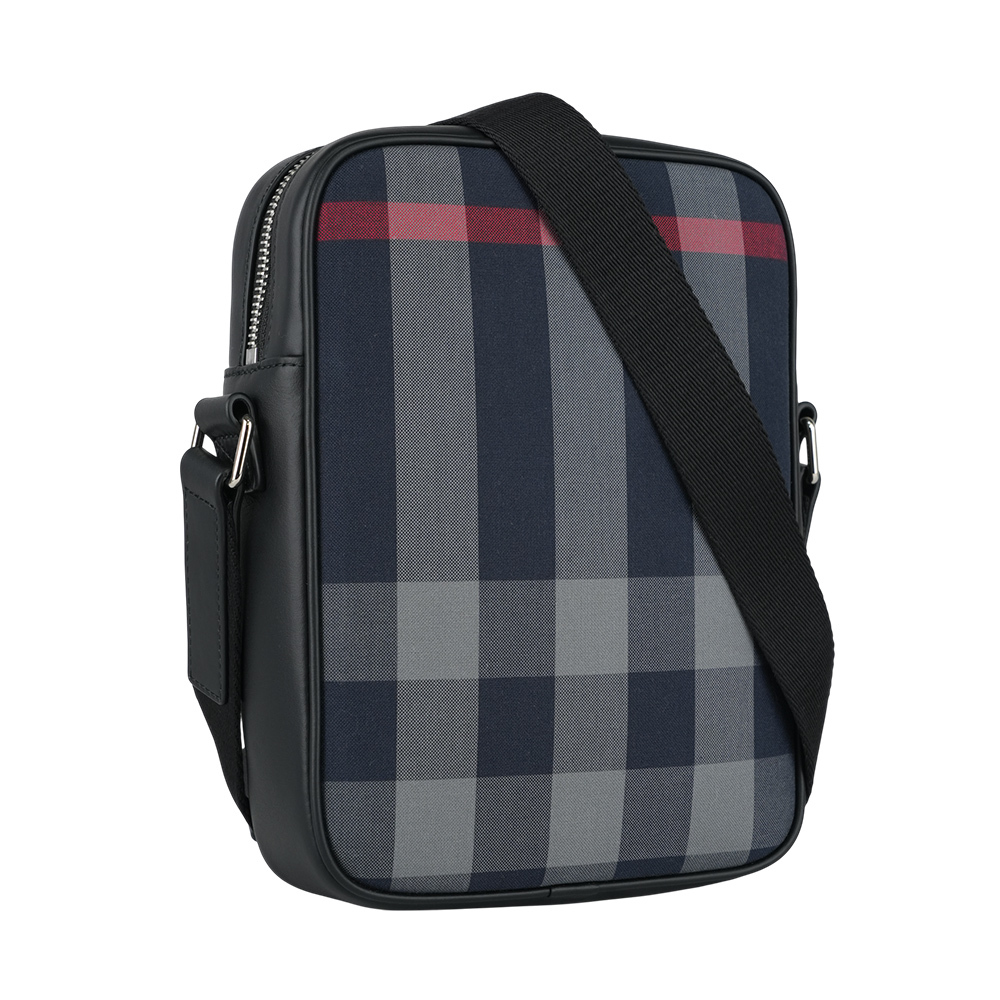 【Burberry】Paddy 格紋帆布及牛皮直式斜背包(海軍藍/灰色)