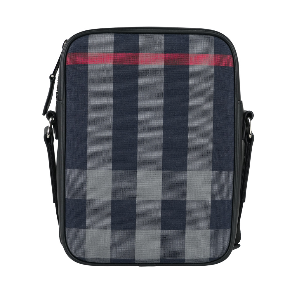 【BURBERRY】Paddy 格紋帆布及牛皮直式斜背包(海軍藍/灰色) 80840621