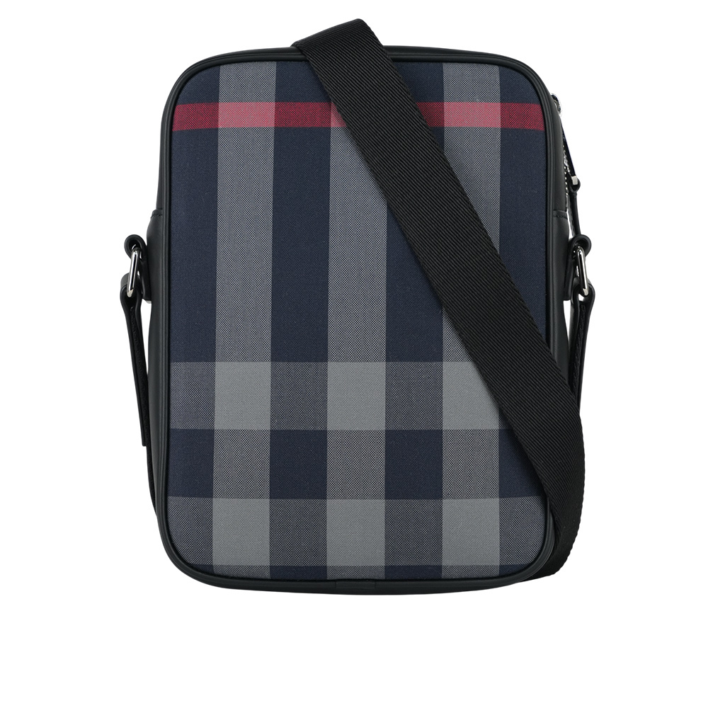【BURBERRY】Paddy 格紋帆布及牛皮直式斜背包(海軍藍/灰色) 80840621
