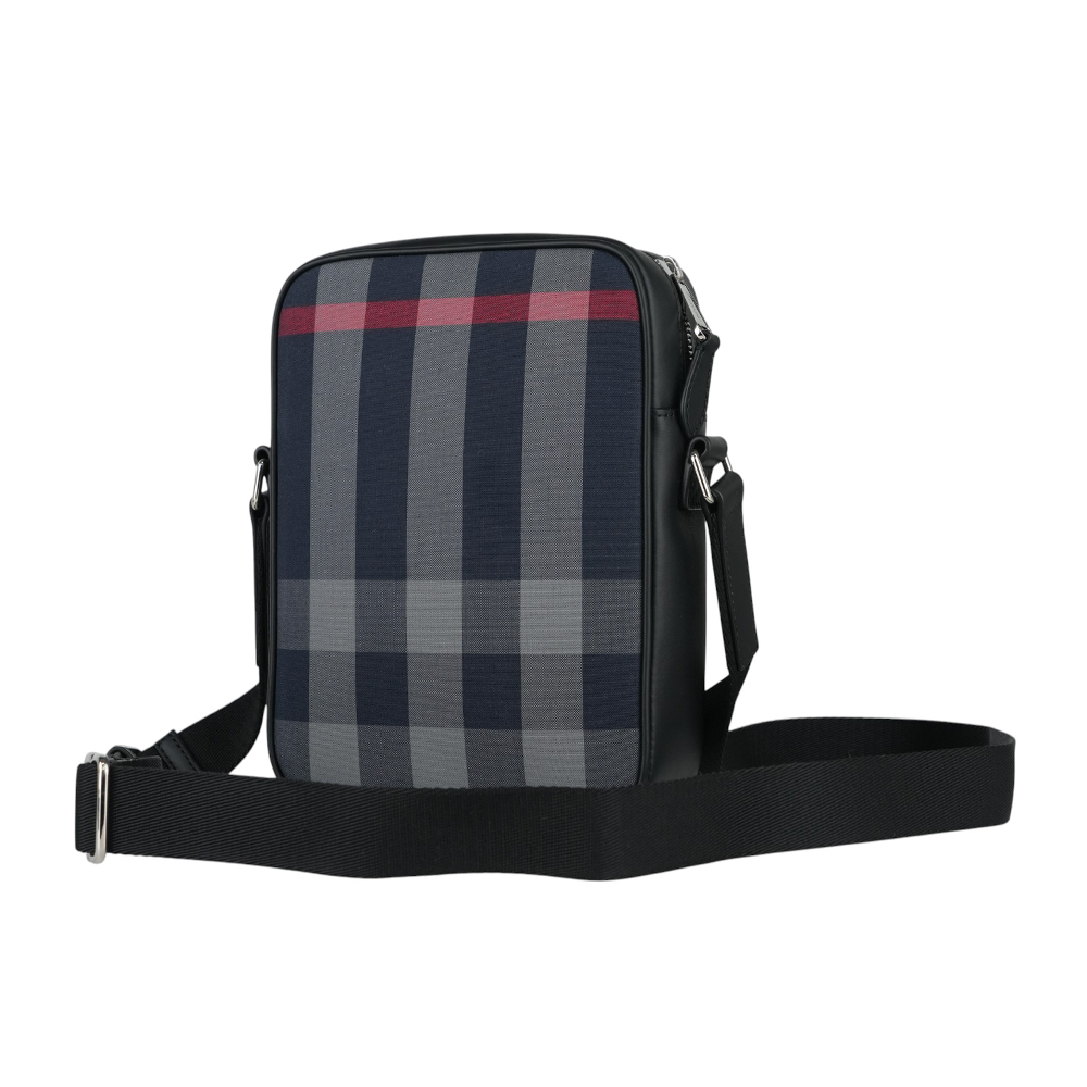 【BURBERRY】Paddy 格紋帆布及牛皮直式斜背包(海軍藍/灰色) 80840621