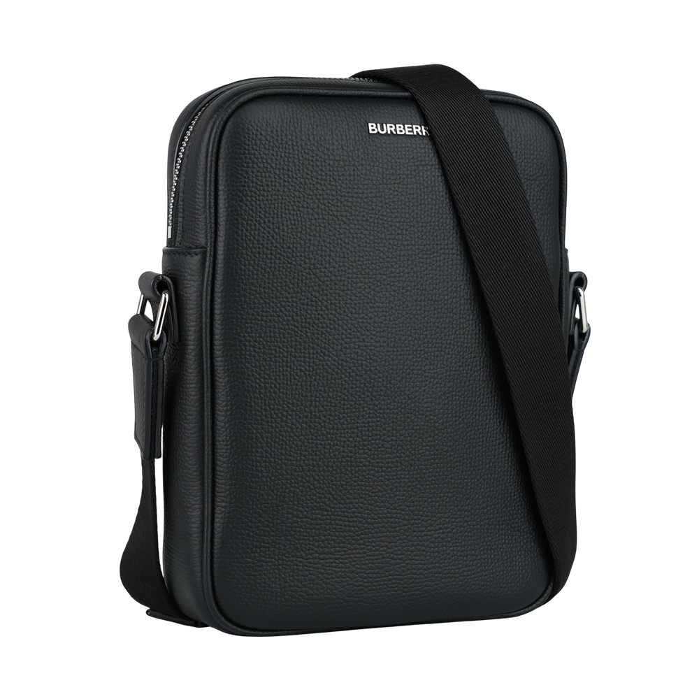 【Burberry】Paddy 銀字素面牛皮直式斜背包(黑色)