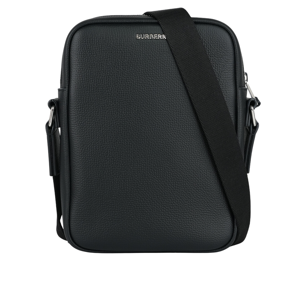 【Burberry】Paddy 銀字素面牛皮直式斜背包(黑色)