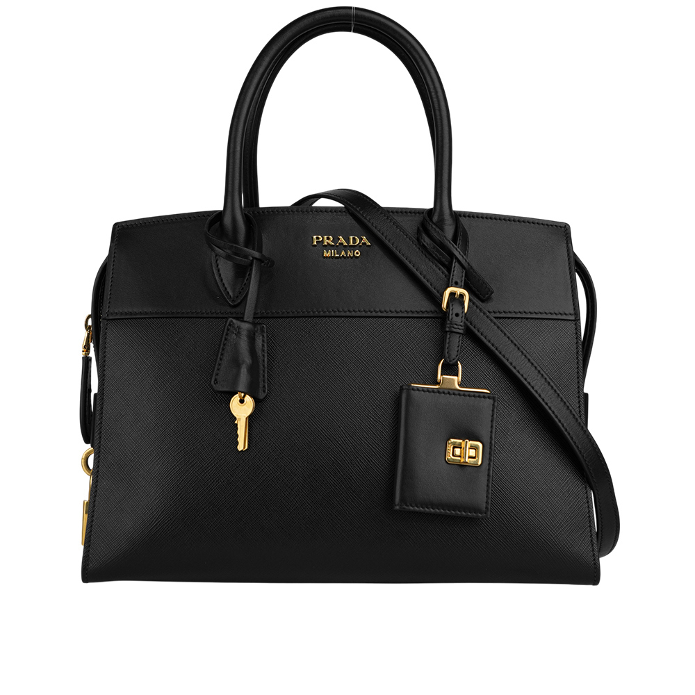 【PRADA】Esplanade 金字浮雕標誌防刮皮革二用中款托特包(黑色)1BA046