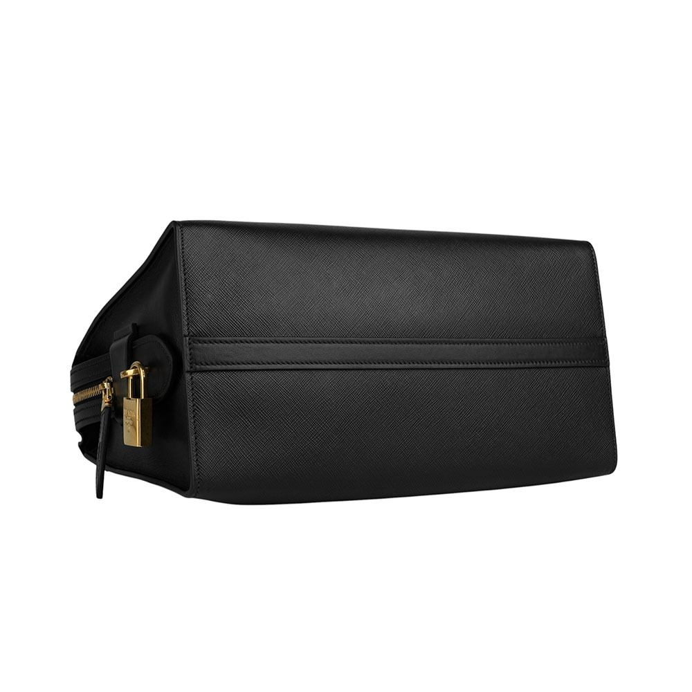 【PRADA】Esplanade 金字浮雕標誌防刮皮革二用中款托特包(黑色)1BA046