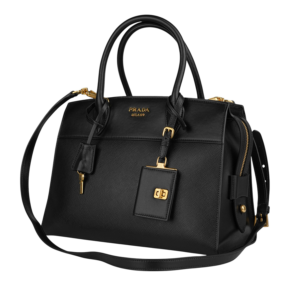 【PRADA】Esplanade 金字浮雕標誌防刮皮革二用中款托特包(黑色)1BA046