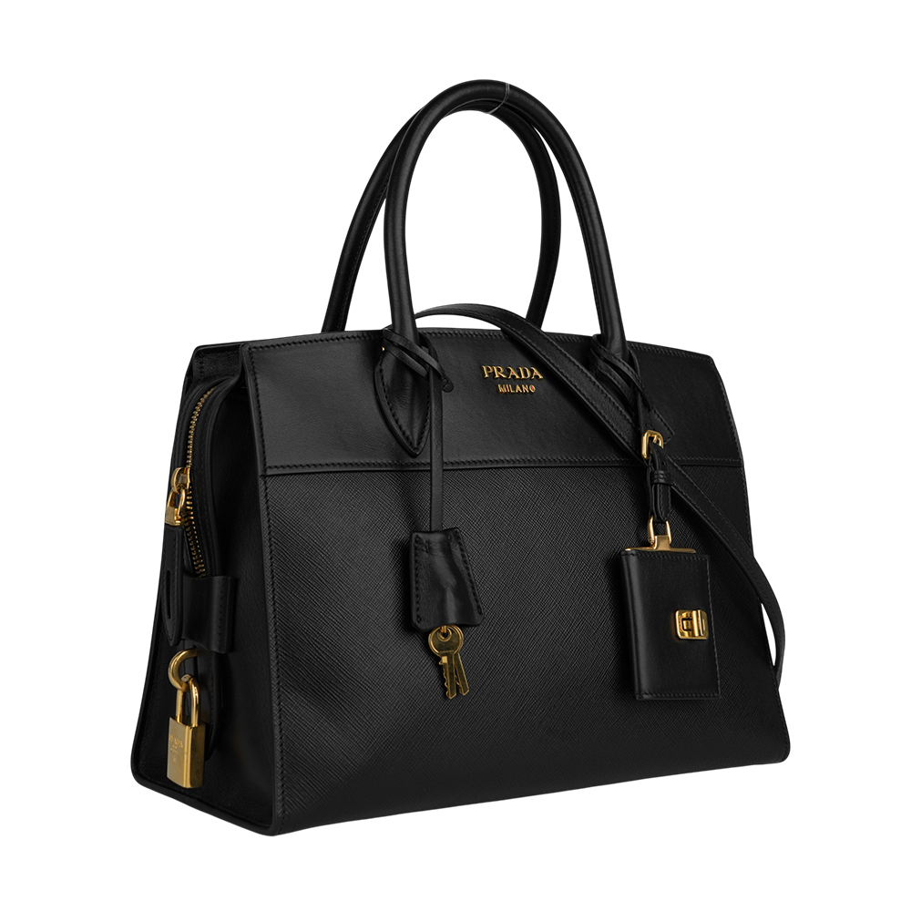 【PRADA】Esplanade 金字浮雕標誌防刮皮革二用中款托特包(黑色)1BA046