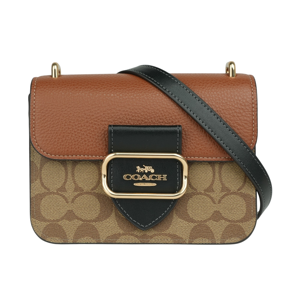 【COACH】Morgan 方形馬車標誌塗層帆布及皮革二用包(卡其色/磚紅色)