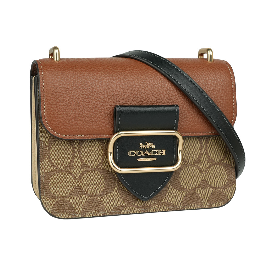 【COACH】Morgan 方形馬車標誌塗層帆布及皮革二用包(卡其色/磚紅色)