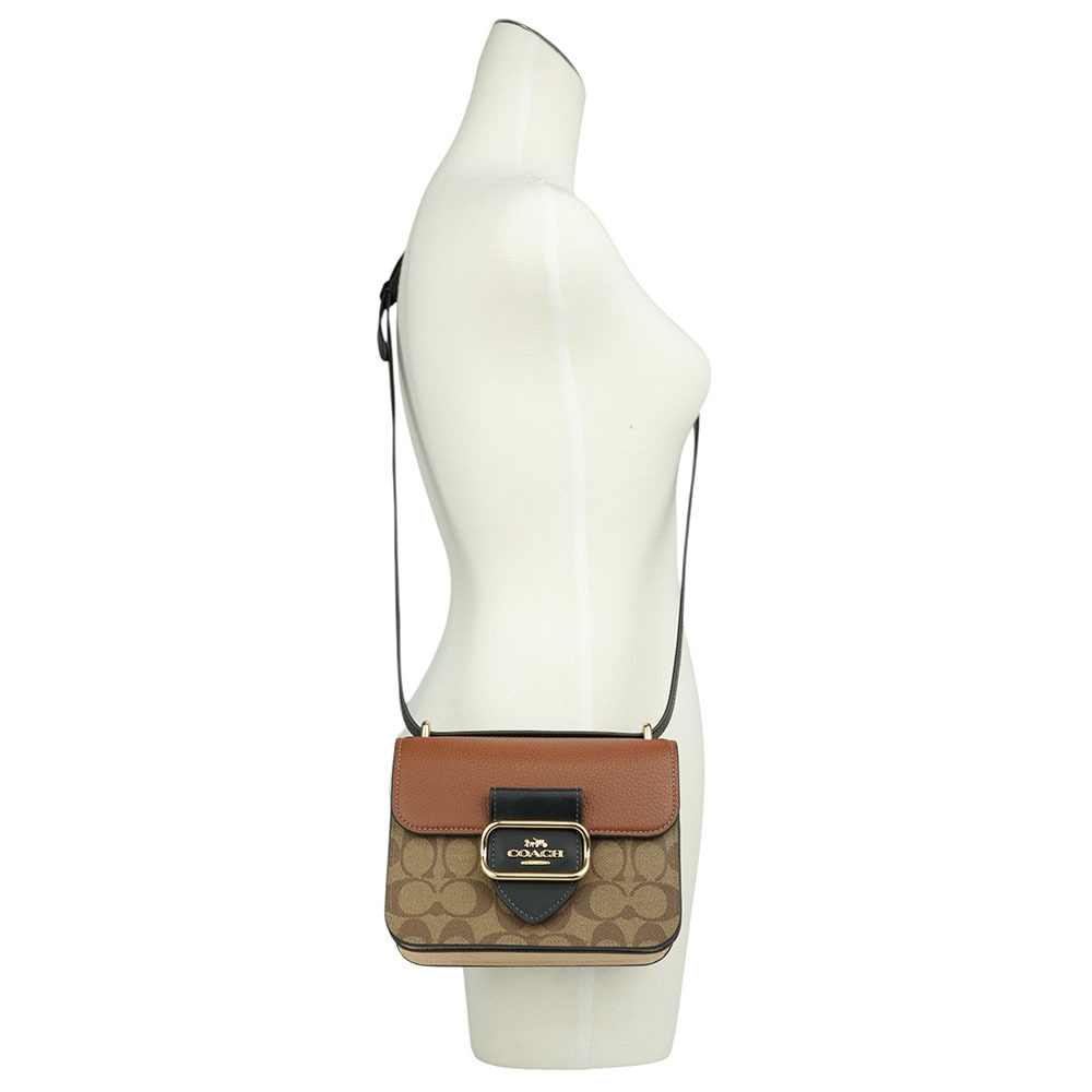 【COACH】Morgan 方形馬車標誌塗層帆布及皮革二用包(卡其色/磚紅色)CL462 IME7V