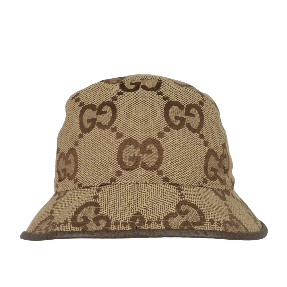 【GUCCI】Jumbo GG 大標誌棉混亞麻漁夫帽 S (駝色/烏木色) 681256 3HAGJ 2564