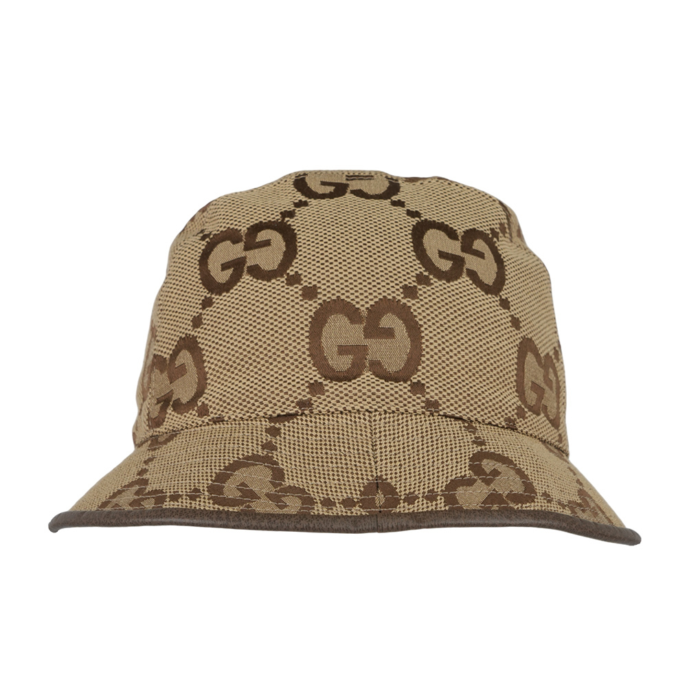 【GUCCI】Jumbo GG 大標誌棉混亞麻漁夫帽 S (駝色/烏木色) 681256 3HAGJ 2564