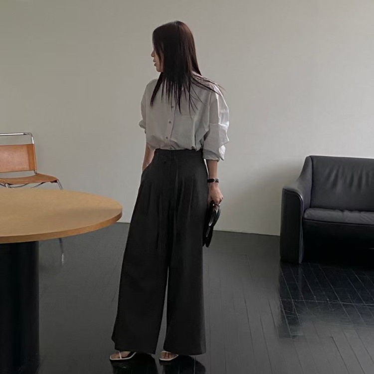 韓國 eum 前打折造型天絲寬褲 碳灰