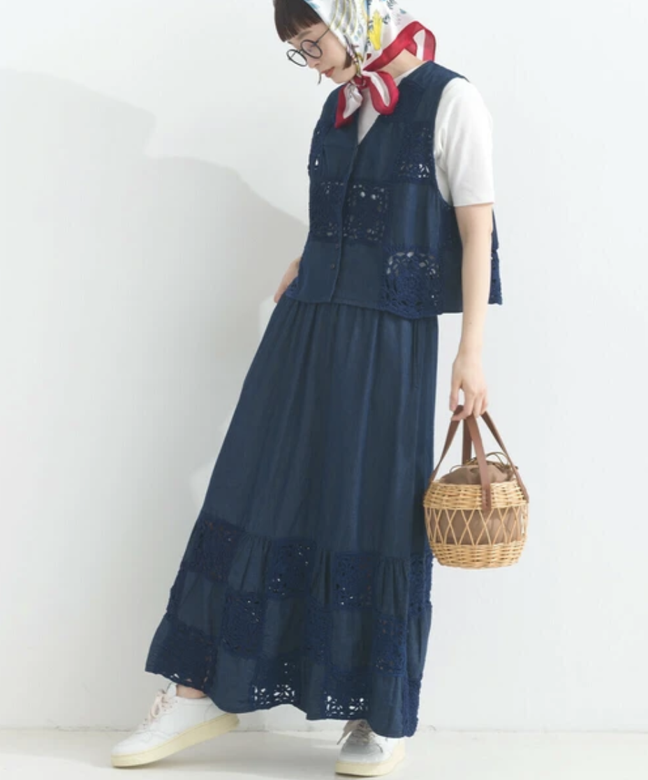 5.5盎司牛仔鉤針蕾絲拼布裙（2色入）【日本2直送】