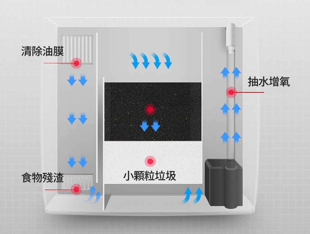 多重過濾系統 內附馬達、過濾棉,三層過濾設計 強迫式100%循環過濾,水質徹底乾淨