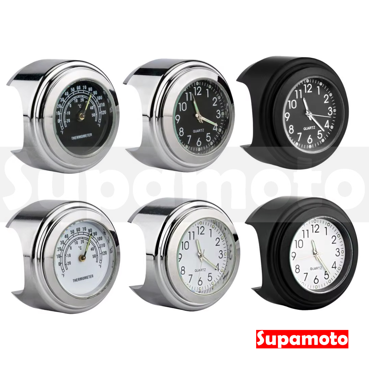 -Supamoto- 車把 時鐘 溫度 石英 防水 溫度計 檔車 哈雷 手把 復古 重機 電鍍 時間