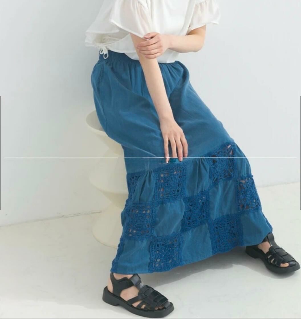 5.5盎司牛仔鉤針蕾絲拼布裙（2色入）【日本2直送】