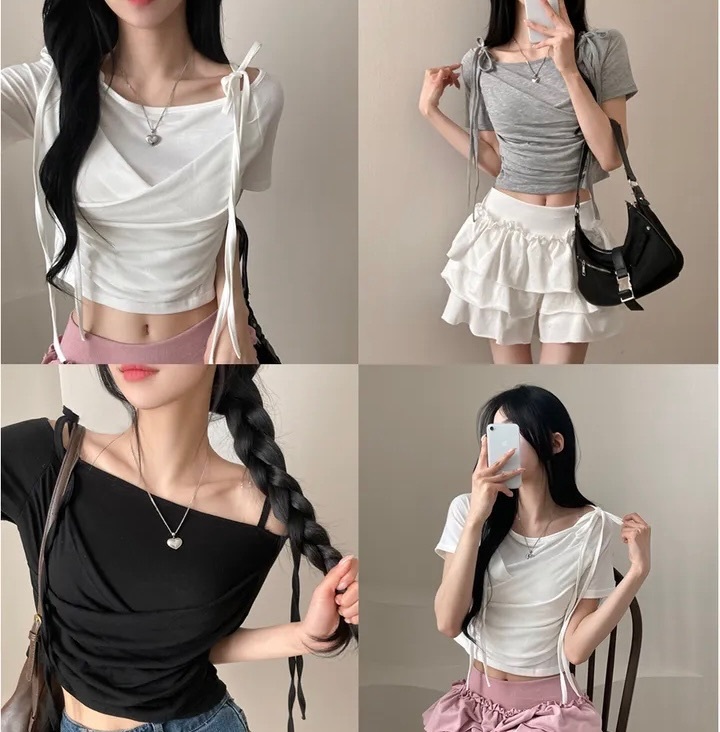 【優惠預訂】韓國褶皺芭蕾風綁帶短版上衣（3色）