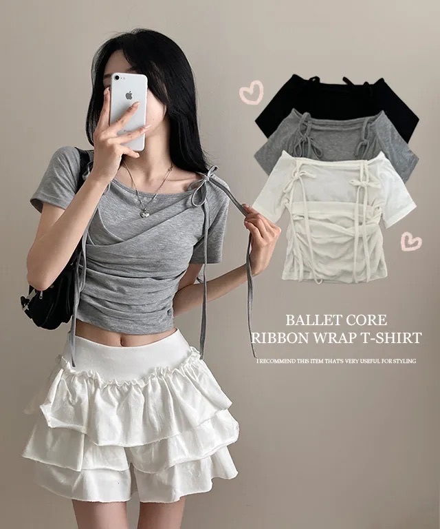 【優惠預訂】韓國褶皺芭蕾風綁帶短版上衣（3色）