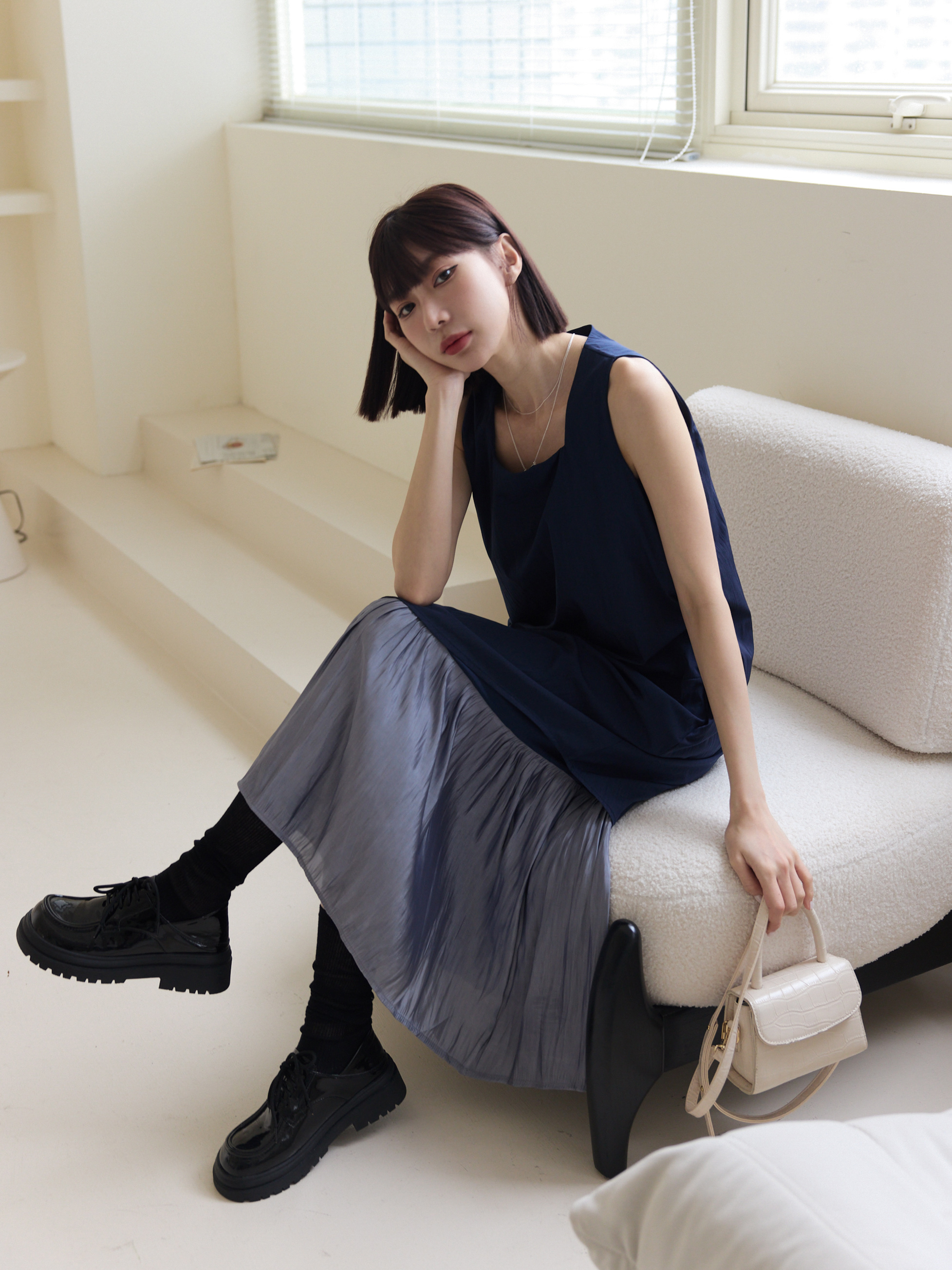 設計款 輕柔方領雙層長洋