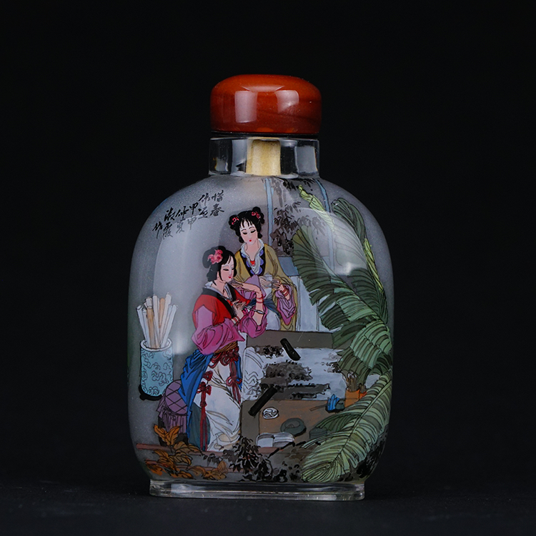 鹿港窯典藏級內畫工藝|惜春作畫鼻煙壺 春日惜芳描繪仕女雅趣與文藝氣息