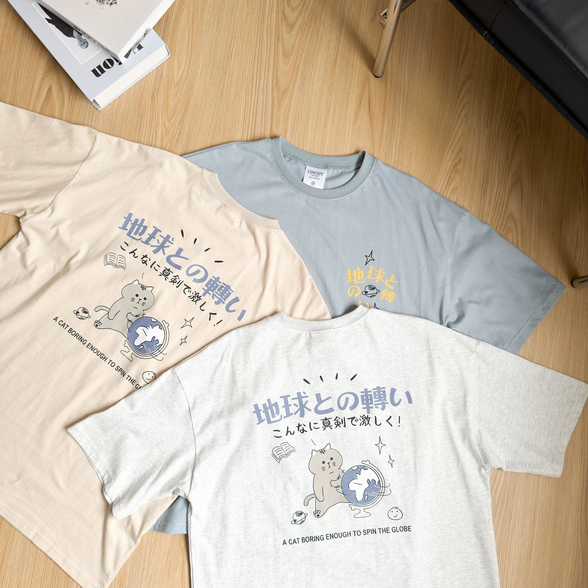 韓國短袖 地球與貓咪日文短T 80891