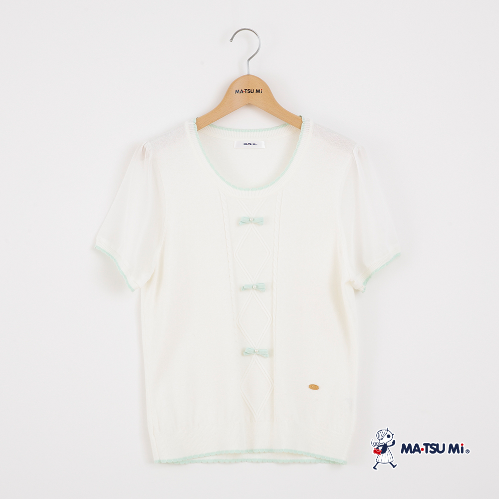 MA‧TSU Mi 拼接透膚短袖珍珠蝴蝶結麻花針織上衣(白.水藍)