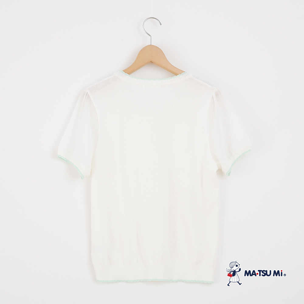 MA‧TSU Mi 拼接透膚短袖珍珠蝴蝶結麻花針織上衣(白.水藍)