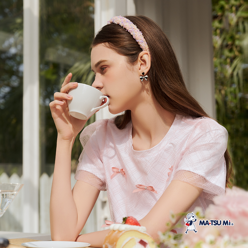 MA‧TSU Mi 透明格紋網紗假兩件蝴蝶結棉上衣(粉紅.黑)