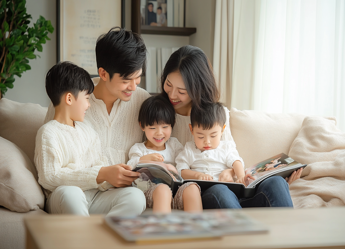 A family sitting on a sofa, sharing memories through a photo album