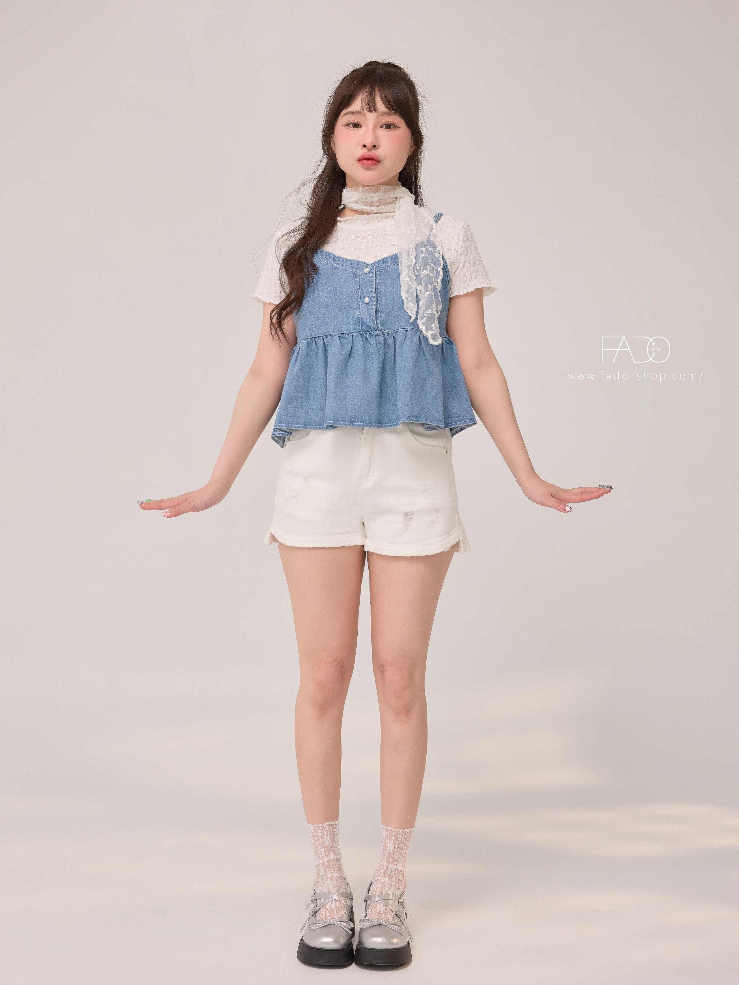 法朵Fado shop｜細肩帶荷葉邊牛仔背心 150B001