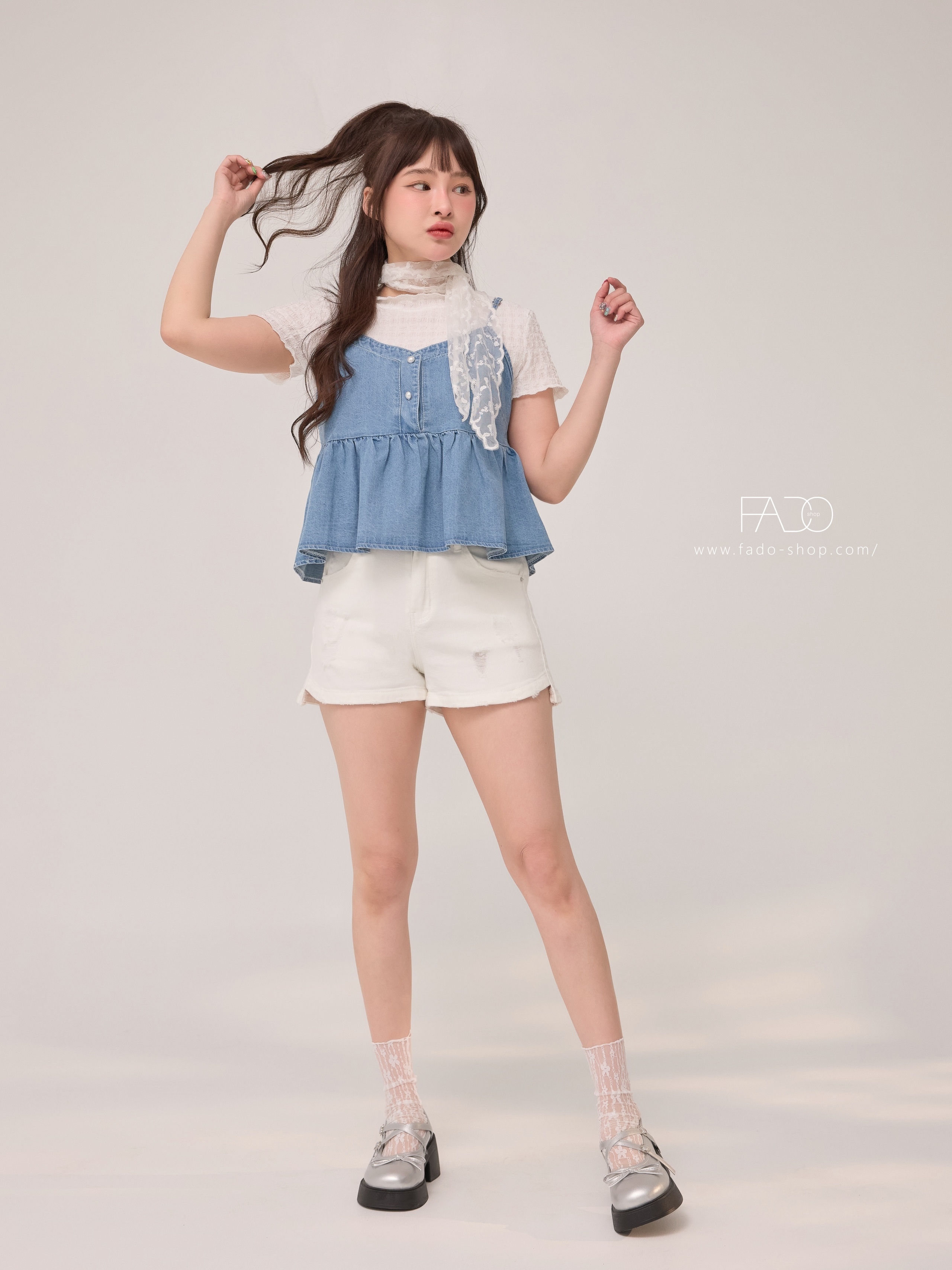 法朵Fado shop｜細肩帶荷葉邊牛仔背心 150B001