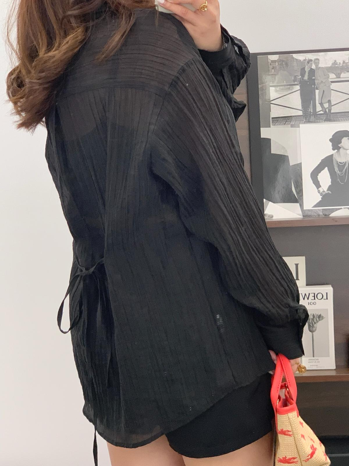 透薄木紋綁繩恤衫(黑色)