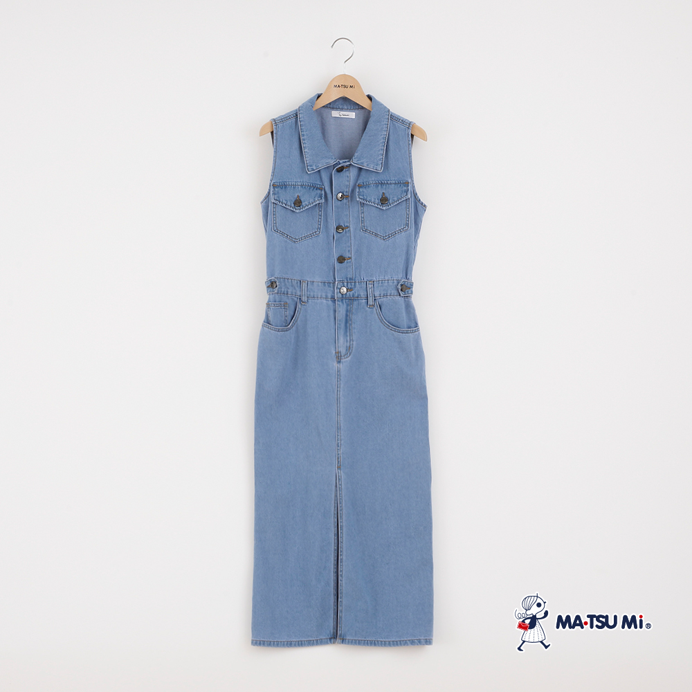 MA‧TSU Mi 丹寧翻領設計前開岔鬆緊腰無袖長版洋裝(水藍)