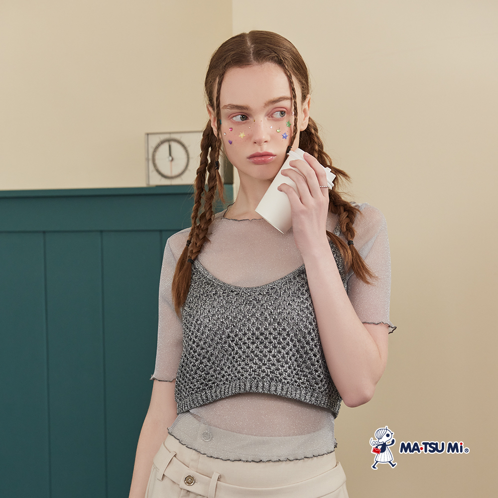 MA‧TSU Mi 金蔥木耳邊透膚感網紗短袖上衣(粉紅.淺灰)