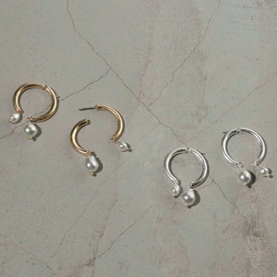 霧面金屬曲線雙滴珍珠耳環