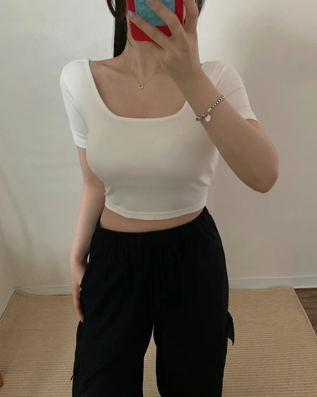 短袖U領後背交叉bra top襯墊背心