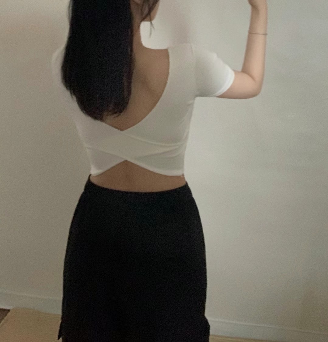 短袖U領後背交叉bra top襯墊背心