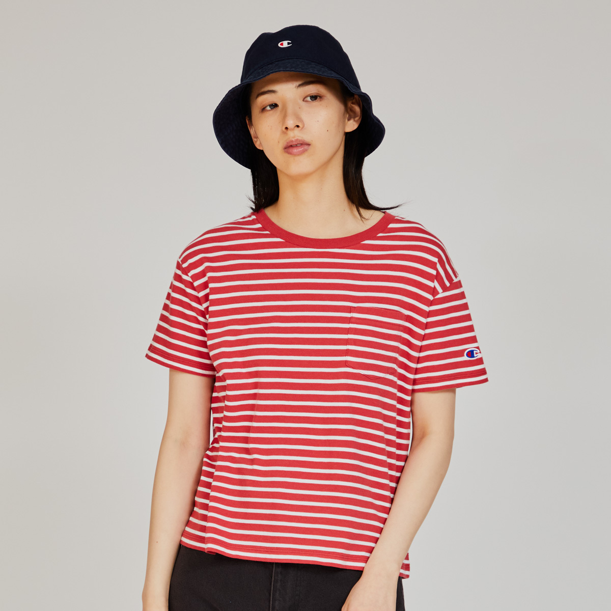 女款-BASIC 條紋 口袋 短TEE-紅色（CW-X343-962）