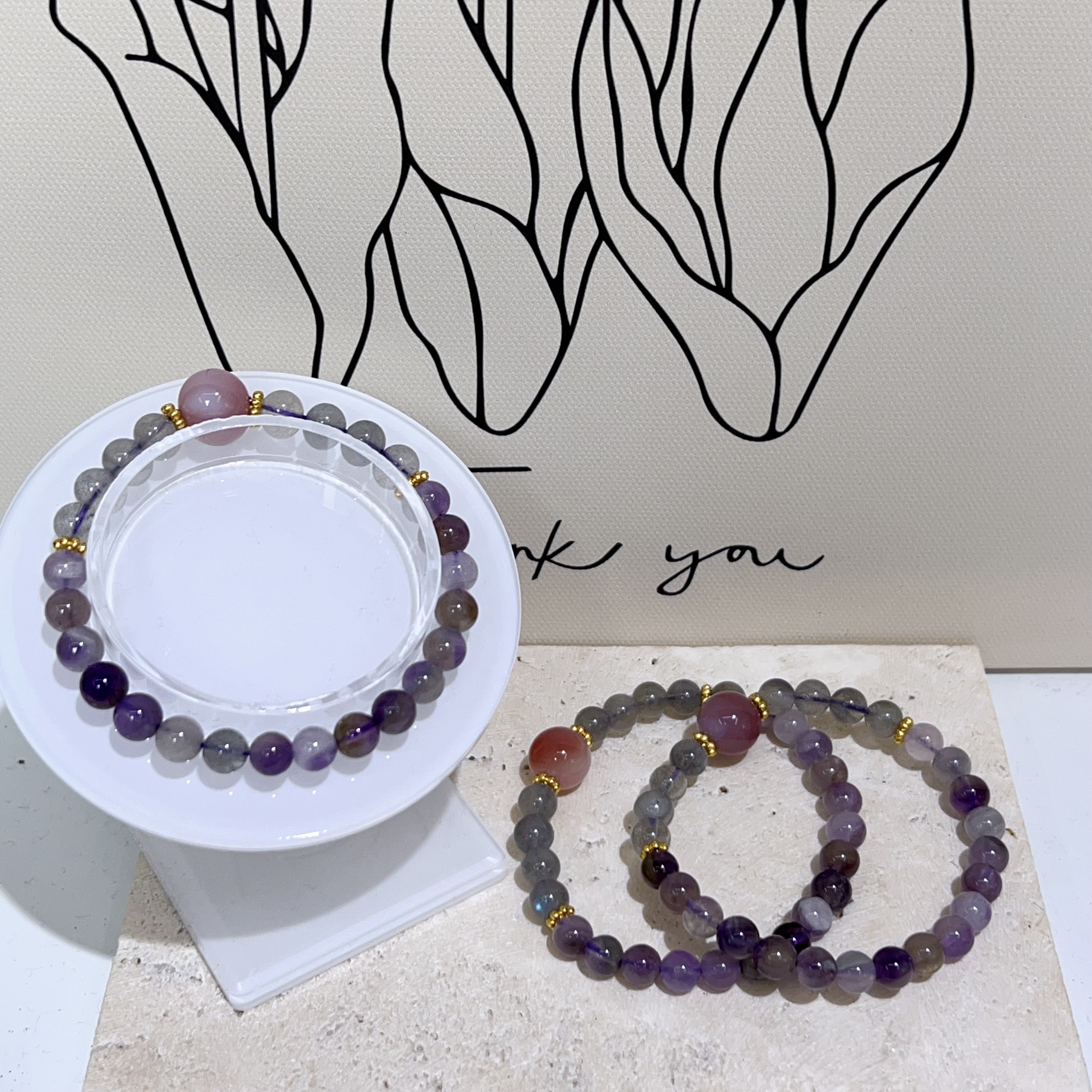 灰月亮拼紫水晶粉瑪瑙純銀設計款 6mm