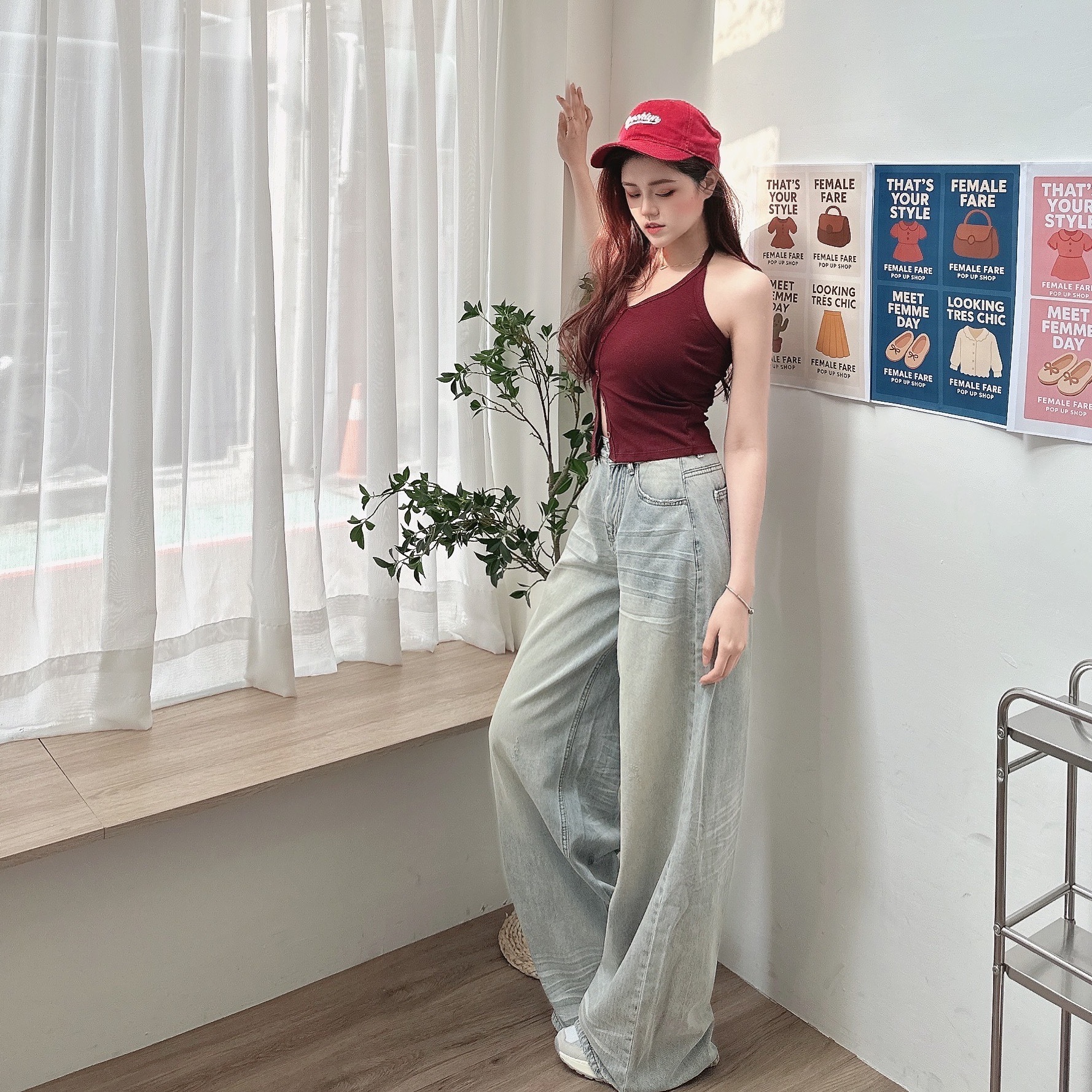 淺色石洗牛仔落地寬褲/單一色