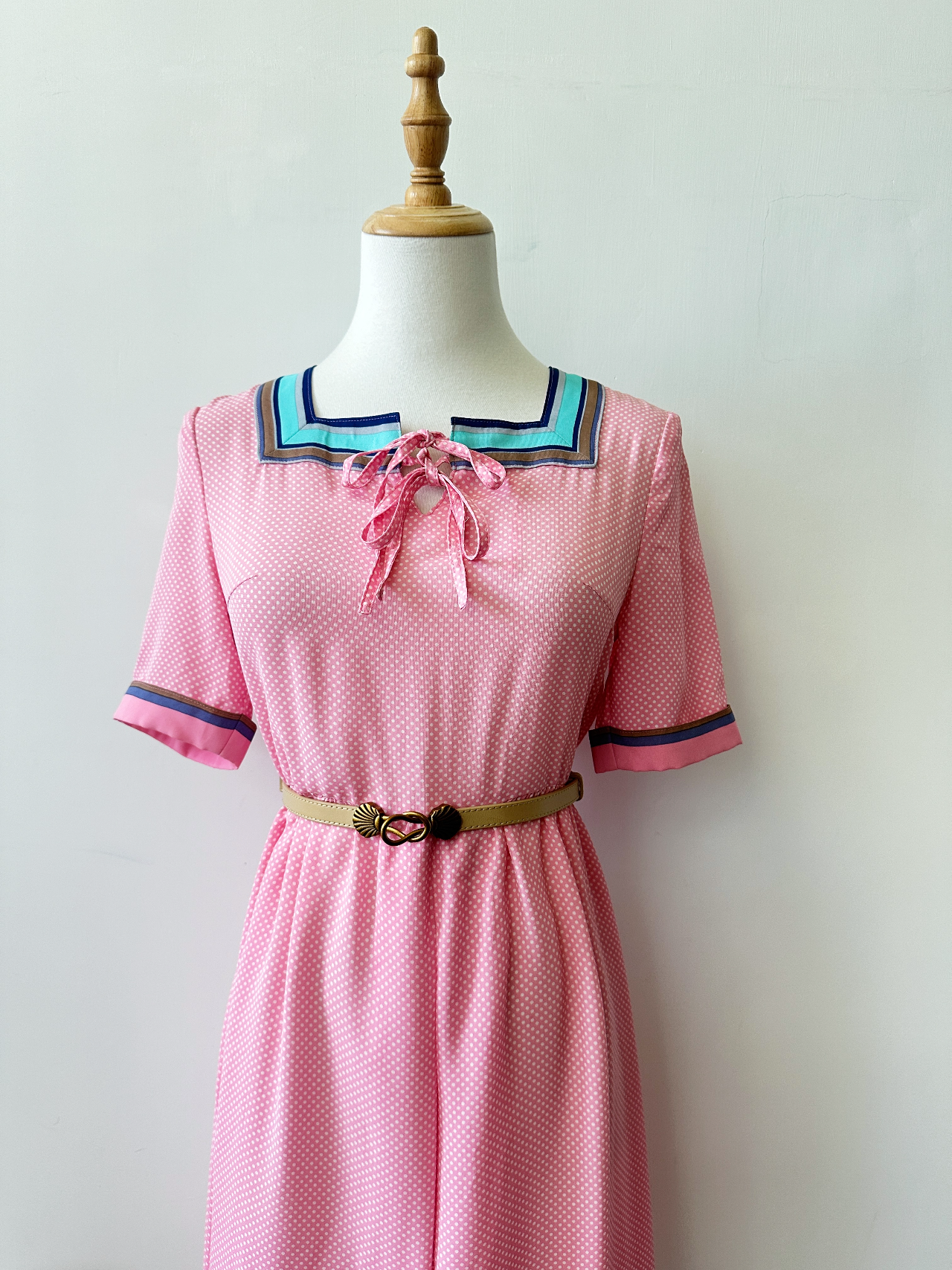 糖果粉色波點古著連身裙