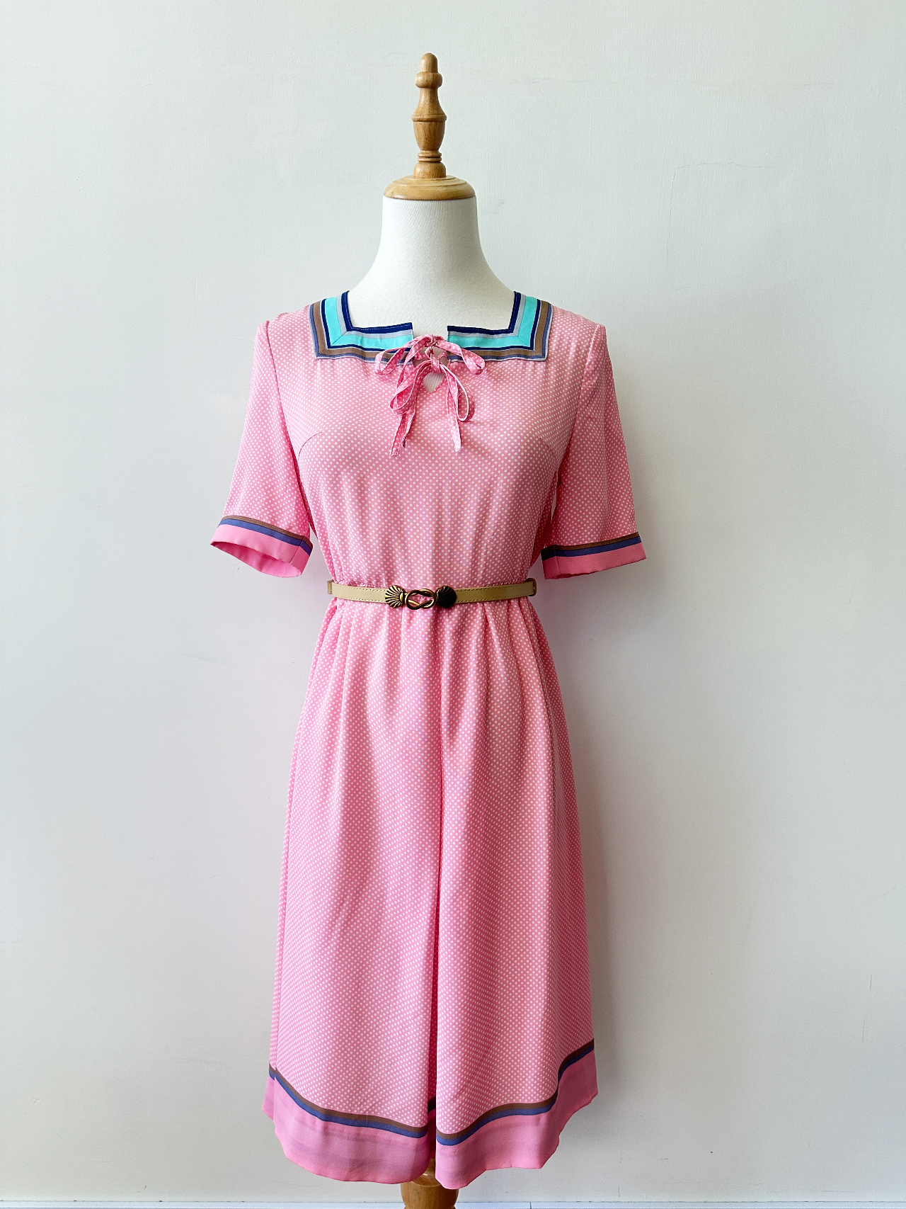 糖果粉色波點古著連身裙