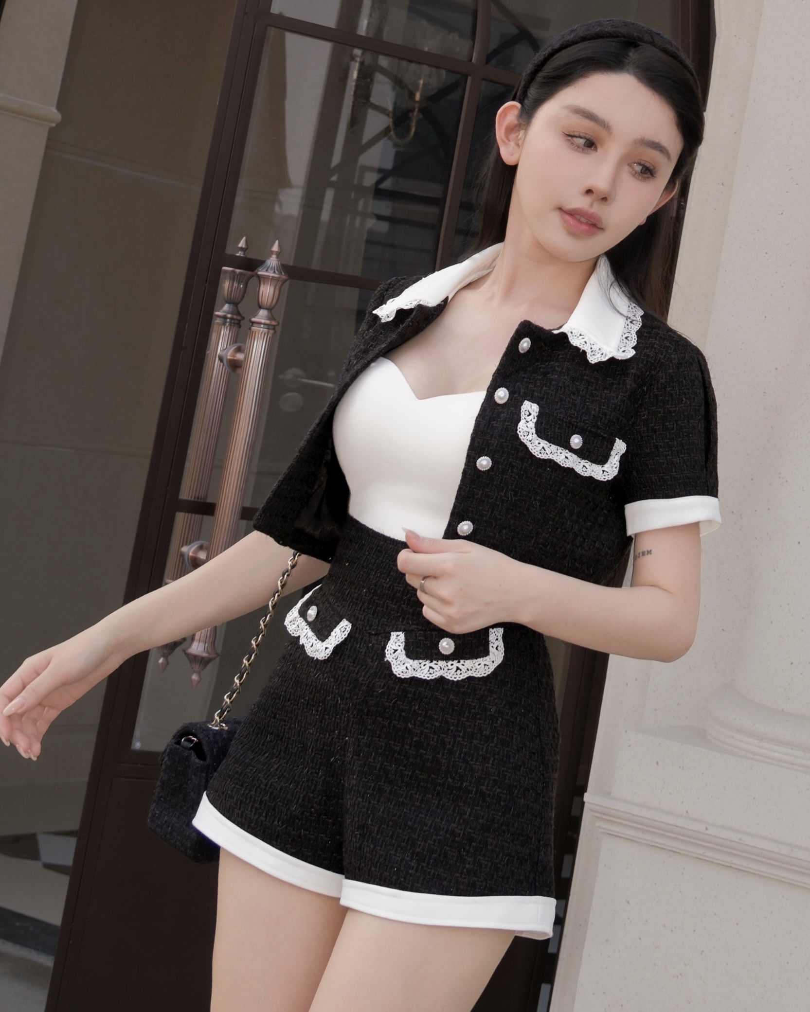 訂製-甜美蕾絲編織小香風套裝