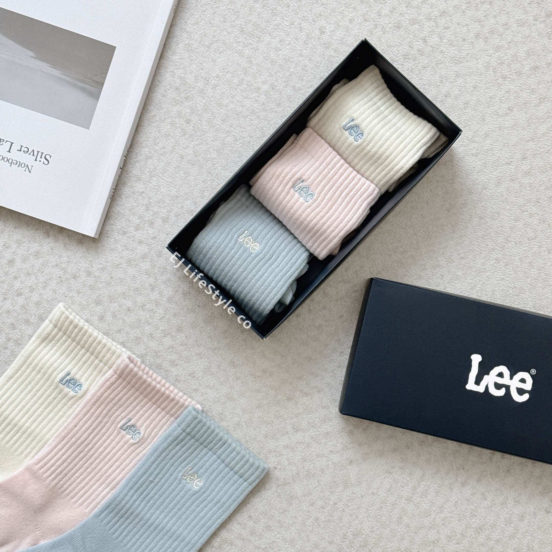 韓國限定 🇰🇷 LEE 襪子禮盒 刺繡LOGO 撞色 奶油白 寶寶藍 淡粉色 一組三入 / 現貨