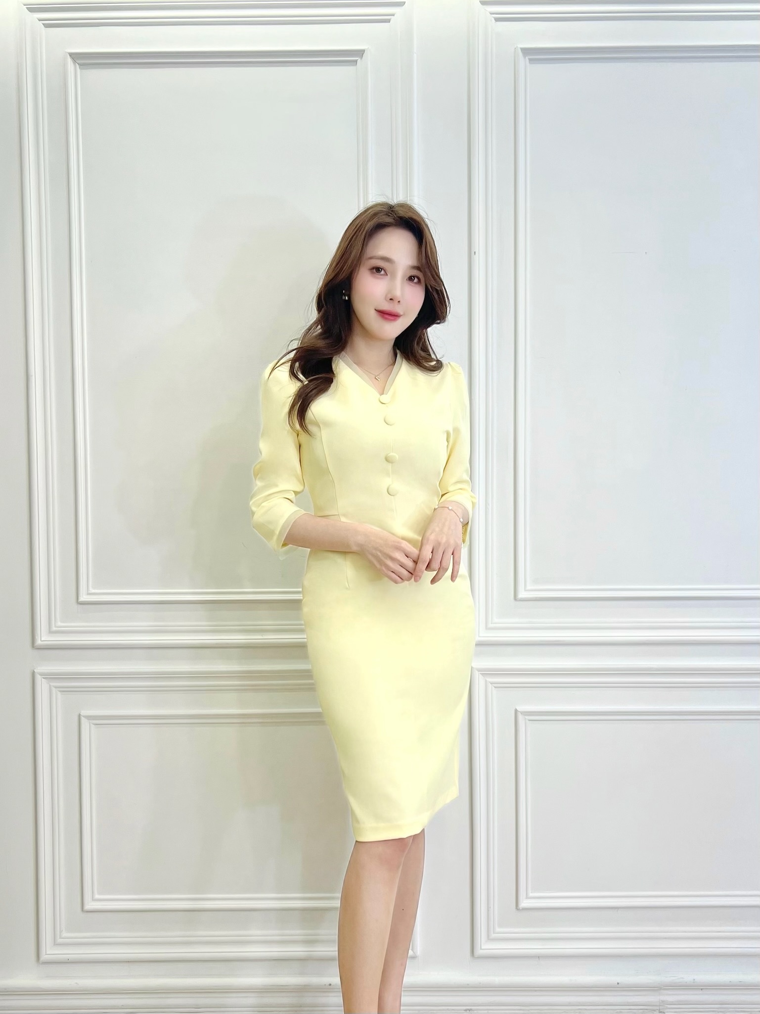 絕美V透紗包布釦合身洋