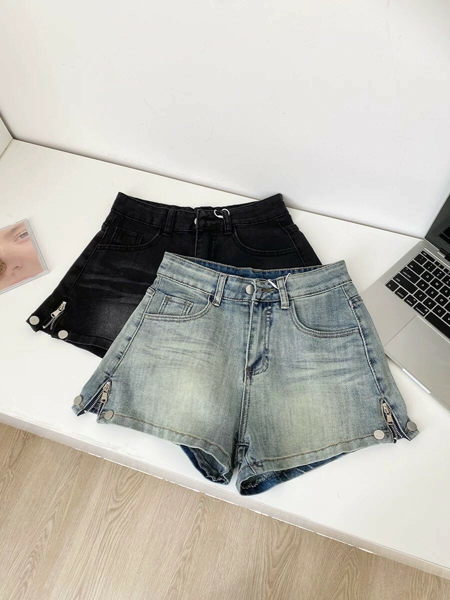 側拉鍊牛短褲