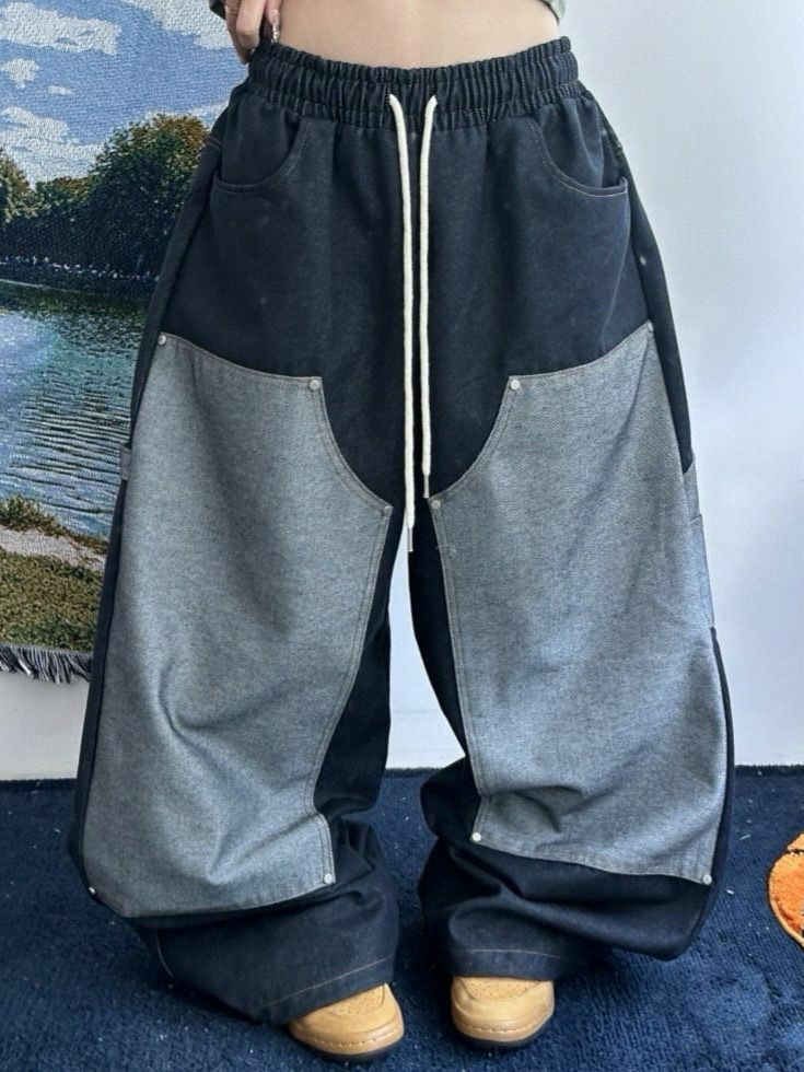 拼色可束腳鬆身牛仔褲 TAC-0155P